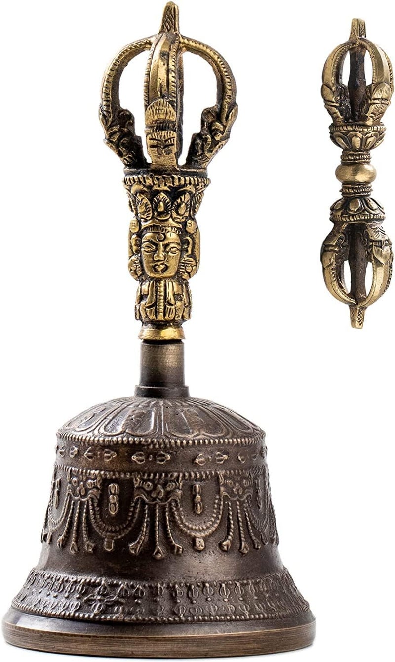 HIMALAYAN BAZAAR Tibetan Dharma Object Bell and Bajra Set - Alter Pray Singing Bowl Hand Bell Handmade Buddhist Meditation Bell by (14cm x 7.3cm) - Image 1